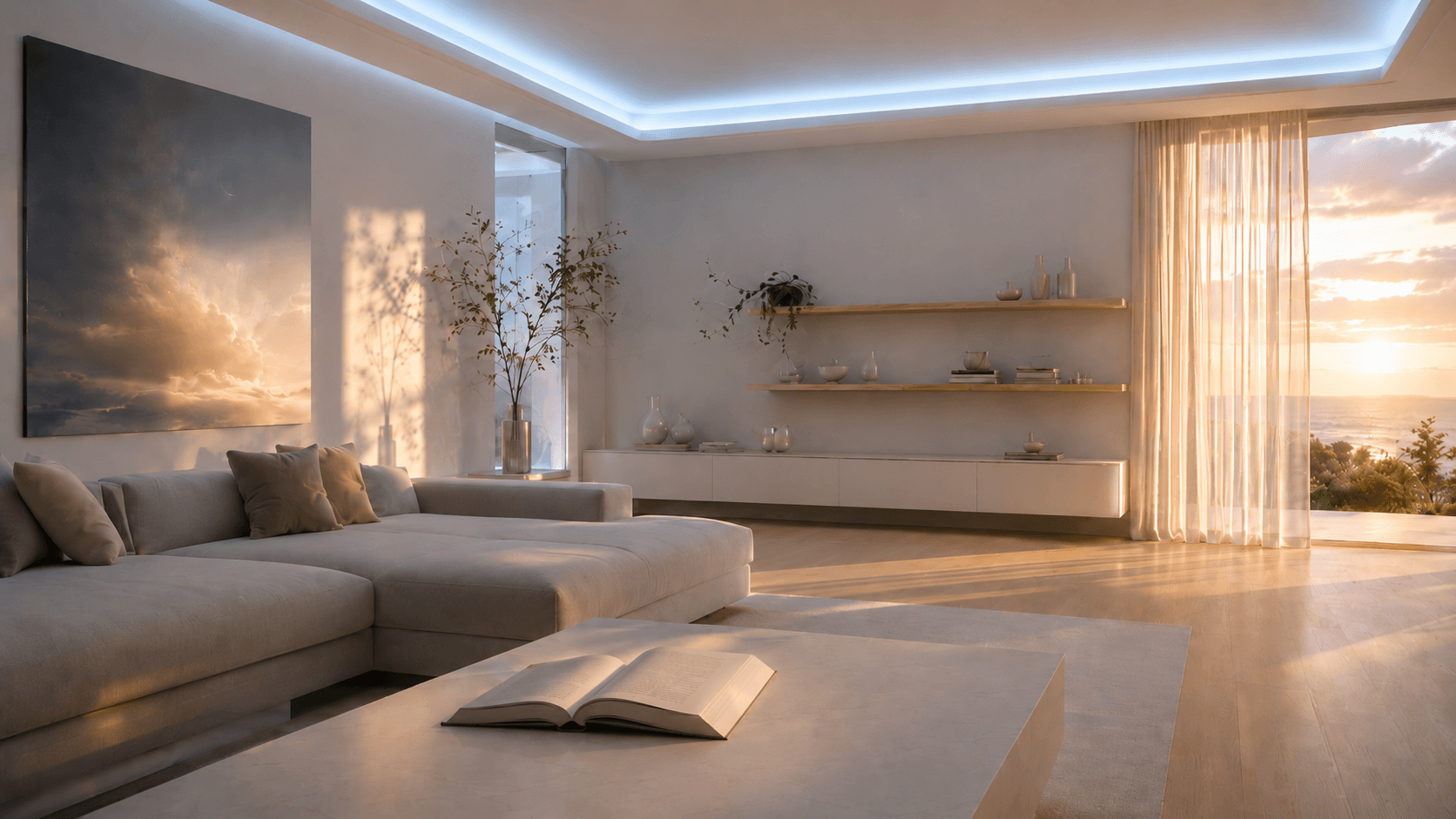 A minimalist living-room interior at golden hour with soft celestial-blue ambient light