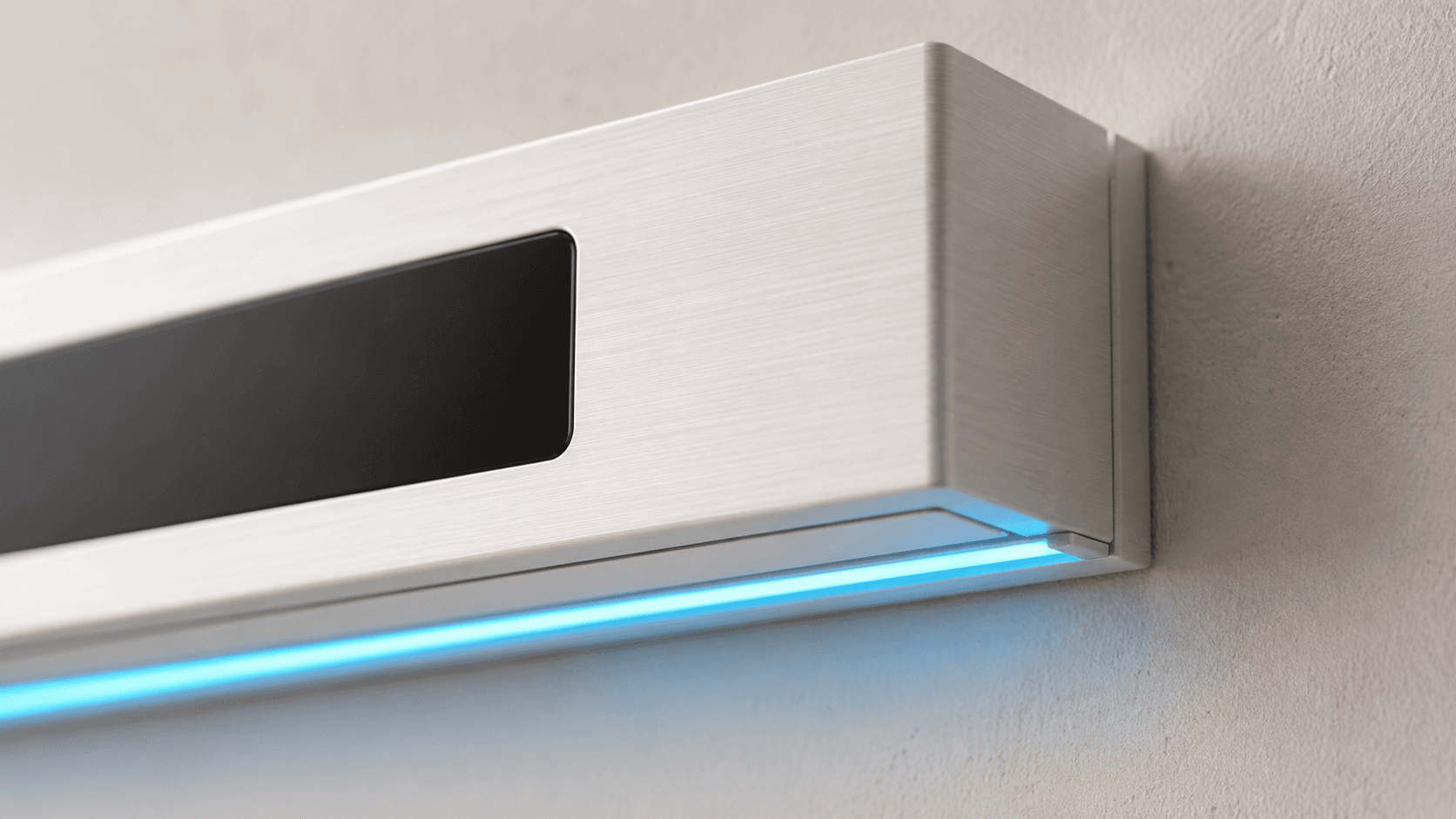 Macro close-up of the LED indicator strip and wall-mount seam