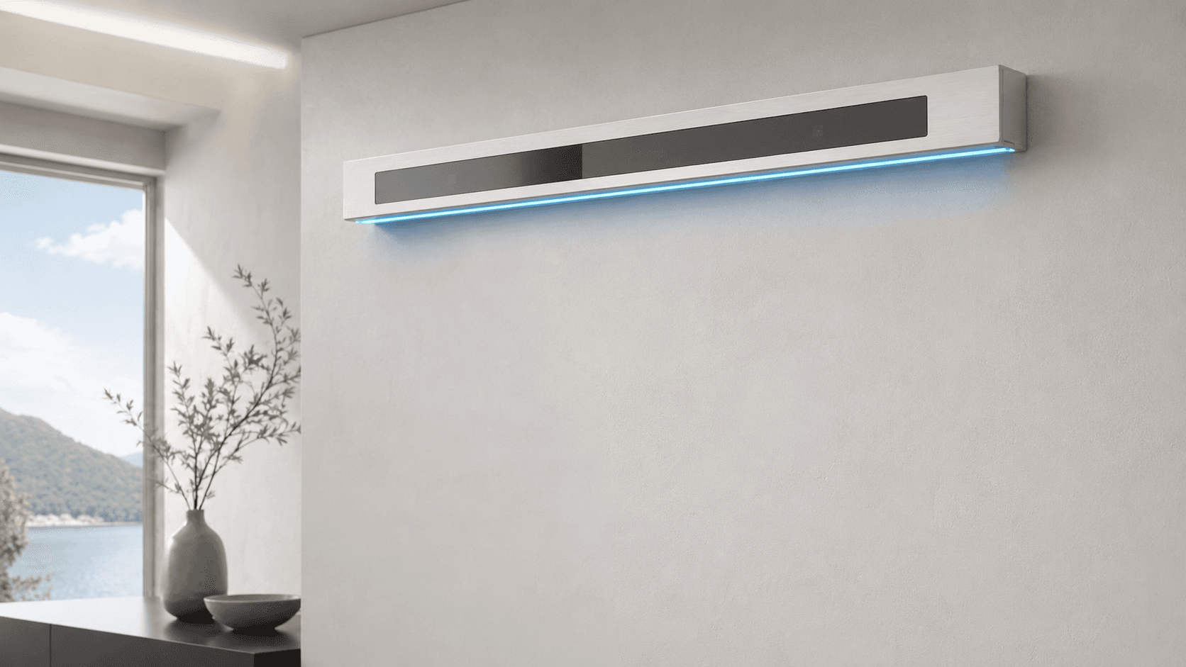 The Bar — slim wall-mounted AI hub with a celestial-blue LED strip
