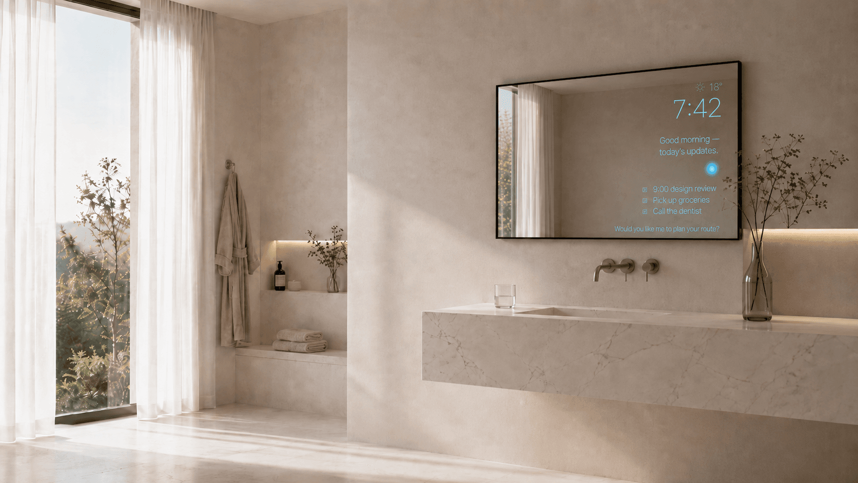 The Smart Mirror set into a bathroom wall, ambient HUD on glass