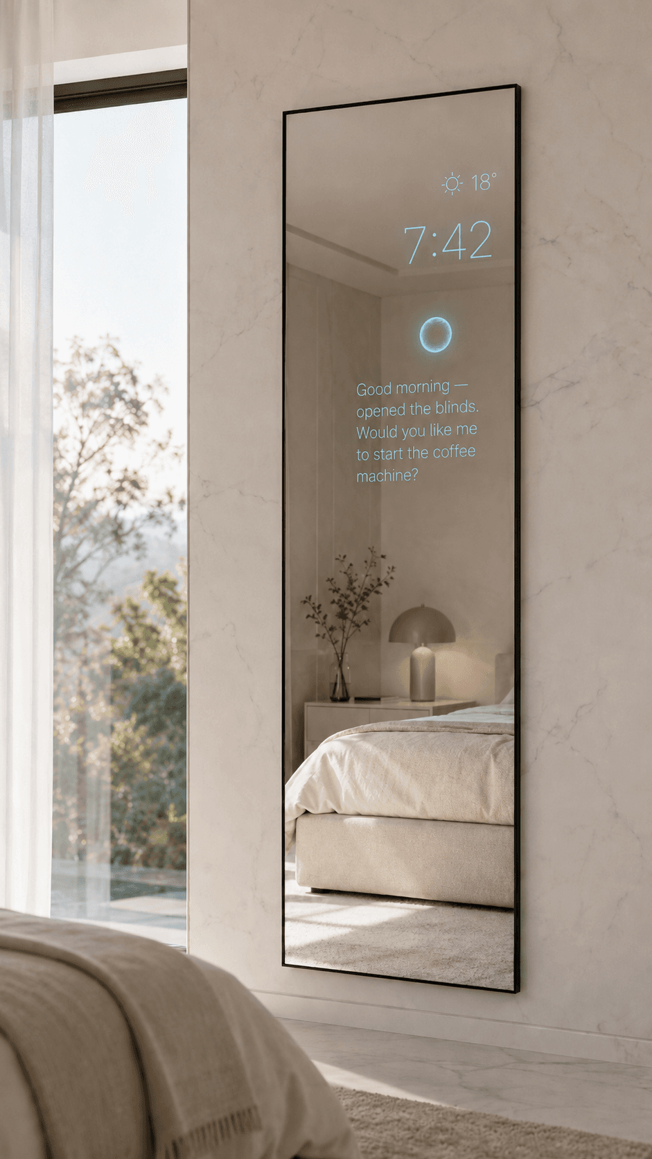 A full-length wall mirror with a delicate celestial-blue HUD overlay showing weather and time
